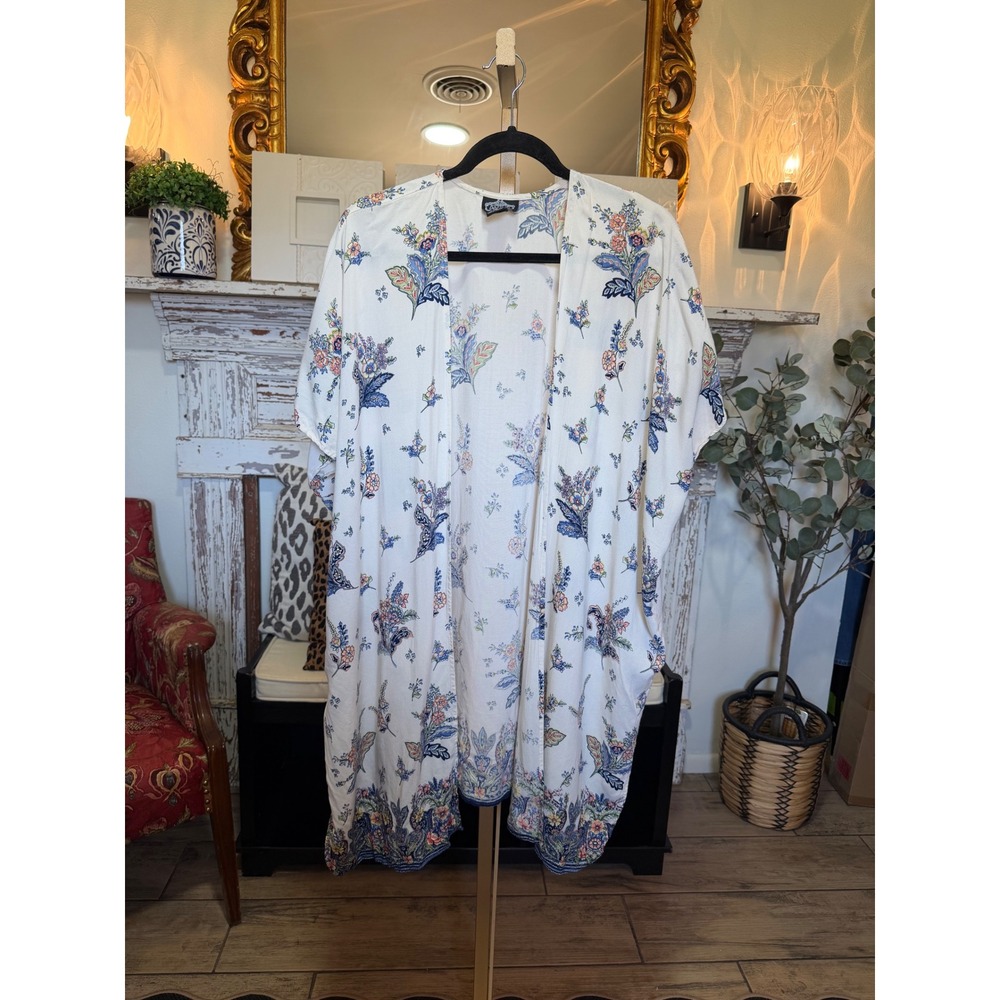 Angie Floral Kimono Wrap Cream Blue Boho Open Front Rayon Cardigan Small